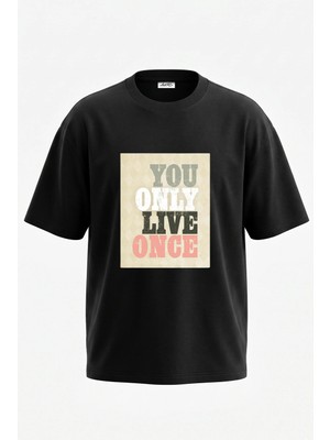 Anetos Vintage Yolo Tasarım Sırt Baskılı Pamuk Siyah Oversize T-Shirt