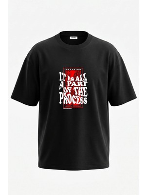 Anetos Process Slogan Tasarım Sırt Baskılı Pamuk Siyah Oversize T-Shirt