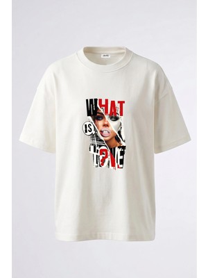 Anetos What Is Love Tasarım Sırt Baskılı Pamuk Beyaz Oversize T-Shirt