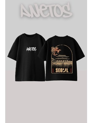 Anetos Seoul Palace Tasarım Sırt Baskılı Pamuk Siyah Oversize T-Shirt