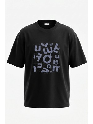 Anetos Soyut Harfler Tasarım Sırt Baskılı Pamuk Siyah Oversize T-Shirt