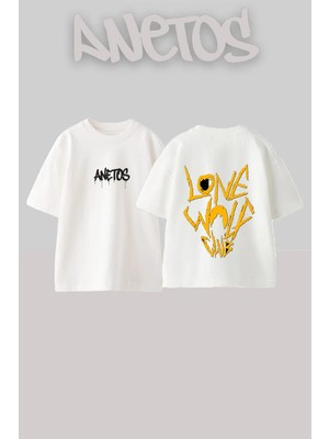 Anetos Lone Wolf Tasarım Sırt Baskılı Pamuk Beyaz Oversize T-Shirt