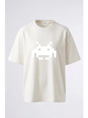 Anetos Space Invader Tasarım Sırt Baskılı Pamuk Beyaz Oversize T-Shirt