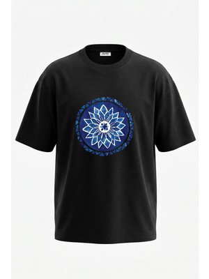 Anetos Mavi Mandala_1 Tasarım Sırt Baskılı Pamuk Siyah Oversize T-Shirt