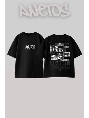 Anetos 2pac Alleyezonme Tasarım Sırt Baskılı Pamuk Siyah Oversize T-Shirt