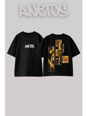 Anetos Zenitsu Agatsuma Tasarım Sırt Baskılı Pamuk Siyah Oversize T-Shirt