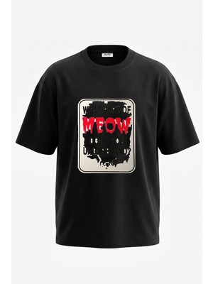 Anetos Meow Kedi_1 Tasarım Sırt Baskılı Pamuk Siyah Oversize T-Shirt