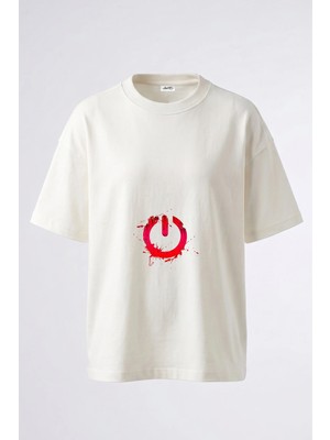 Anetos Power Symbol Tasarım Sırt Baskılı Pamuk Beyaz Oversize T-Shirt