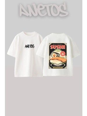Anetos Sushi Bar Tasarım Sırt Baskılı Pamuk Beyaz Oversize T-Shirt