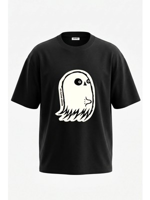 Anetos Ghost Tasarım Sırt Baskılı Pamuk Siyah Oversize T-Shirt