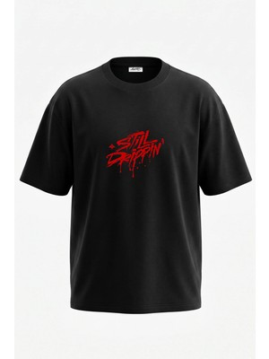 Anetos Stil Drippin Tasarım Sırt Baskılı Pamuk Siyah Oversize T-Shirt