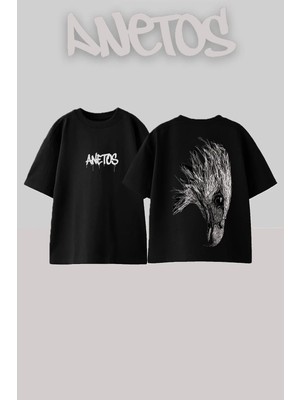 Anetos Eagle Sketch Tasarım Sırt Baskılı Pamuk Siyah Oversize T-Shirt