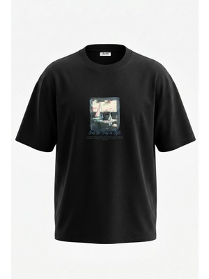 Anetos Watercolor Sailboat Tasarım Sırt Baskılı Pamuk Siyah Oversize T-Shirt