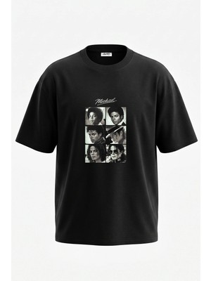 Anetos Michael Jackson_2 Tasarım Sırt Baskılı Pamuk Siyah Oversize T-Shirt