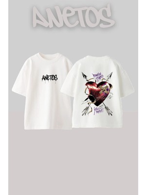 Anetos Broken Heart Tasarım Sırt Baskılı Pamuk Beyaz Oversize T-Shirt