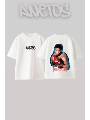 Anetos Mike Tyson 2 Tasarım Sırt Baskılı Pamuk Beyaz Oversize T-Shirt
