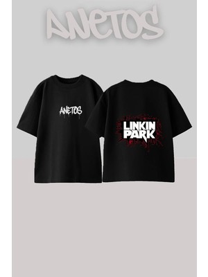 Anetos Linkin Park 5 Tasarım Sırt Baskılı Pamuk Siyah Oversize T-Shirt