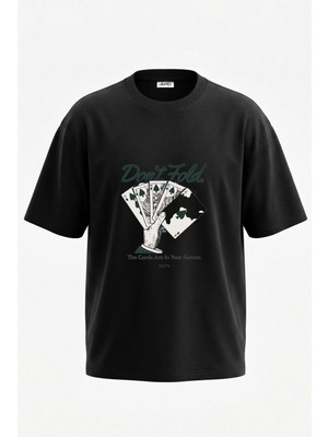 Anetos Royal Flush Tasarım Sırt Baskılı Pamuk Siyah Oversize T-Shirt