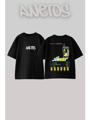 Anetos Subway Receipt Tasarım Sırt Baskılı Pamuk Siyah Oversize T-Shirt