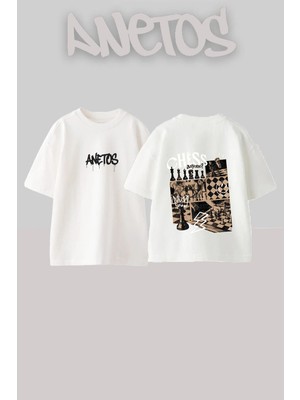 Anetos Chess Collage Tasarım Sırt Baskılı Pamuk Beyaz Oversize T-Shirt