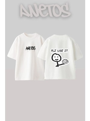 Anetos Use Brain Tasarım Sırt Baskılı Pamuk Beyaz Oversize T-Shirt