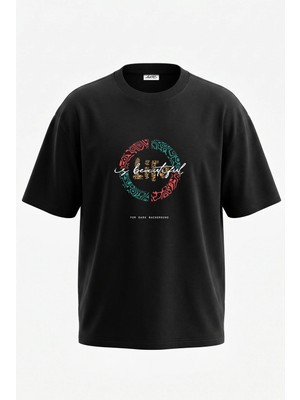 Anetos Life Is Beautiful Tasarım Sırt Baskılı Pamuk Siyah Oversize T-Shirt