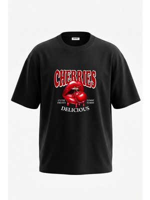 Anetos Cherry Lips Tasarım Sırt Baskılı Pamuk Siyah Oversize T-Shirt