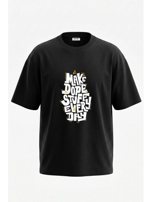 Anetos Graffiti Text Tasarım Sırt Baskılı Pamuk Siyah Oversize T-Shirt