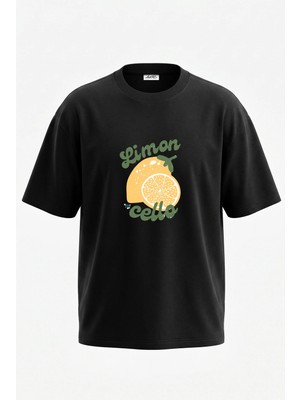 Anetos Limoncello Tasarım Sırt Baskılı Pamuk Siyah Oversize T-Shirt