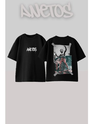 Anetos Skateboarding Statue Tasarım Sırt Baskılı Pamuk Siyah Oversize T-Shirt