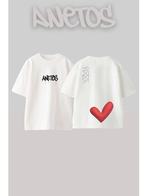 Anetos Red Heart Tasarım Sırt Baskılı Pamuk Beyaz Oversize T-Shirt