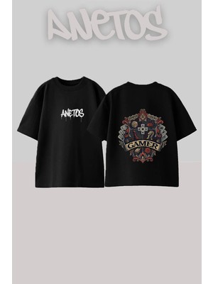 Anetos Gamer Crest Tasarım Sırt Baskılı Pamuk Siyah Oversize T-Shirt
