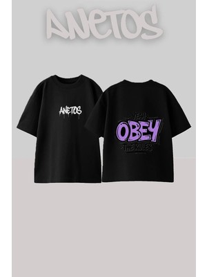 Anetos Obey Rules Tasarım Sırt Baskılı Pamuk Siyah Oversize T-Shirt