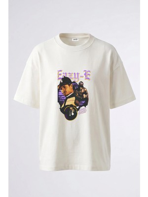 Anetos Eazy E_1 Tasarım Sırt Baskılı Pamuk Beyaz Oversize T-Shirt
