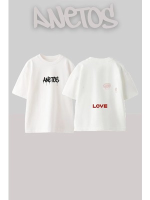 Anetos Love Kylie Tasarım Sırt Baskılı Pamuk Beyaz Oversize T-Shirt