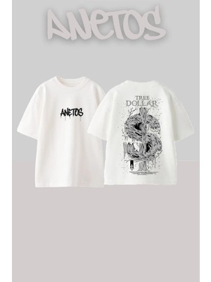 Anetos Tree Dollar Tasarım Sırt Baskılı Pamuk Beyaz Oversize T-Shirt