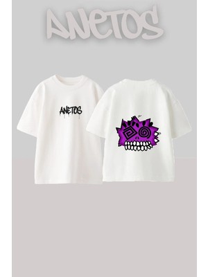 Anetos Tribal Skull Tasarım Sırt Baskılı Pamuk Beyaz Oversize T-Shirt