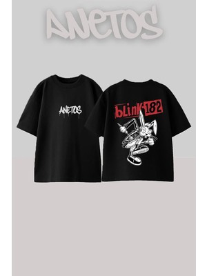 Anetos Blink 182 1 Tasarım Sırt Baskılı Pamuk Siyah Oversize T-Shirt