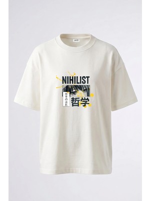 Anetos Nihilist Manga Tasarım Sırt Baskılı Pamuk Beyaz Oversize T-Shirt