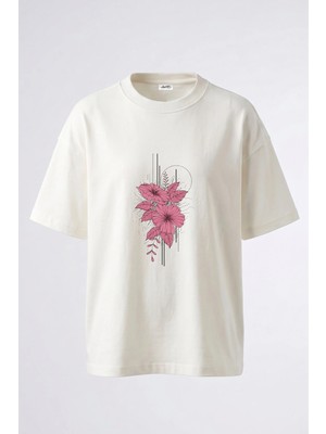 Anetos Pink Flowers Tasarım Sırt Baskılı Pamuk Beyaz Oversize T-Shirt