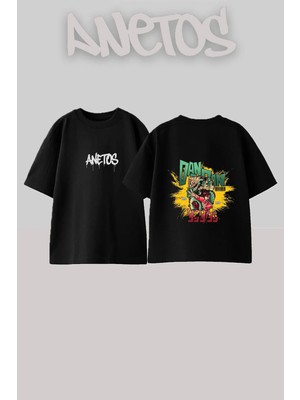 Anetos Dandadan Tasarım Sırt Baskılı Pamuk Siyah Oversize T-Shirt