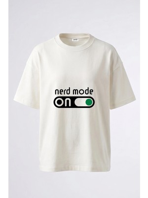 Anetos Nerd Mode On Tasarım Sırt Baskılı Pamuk Beyaz Oversize T-Shirt