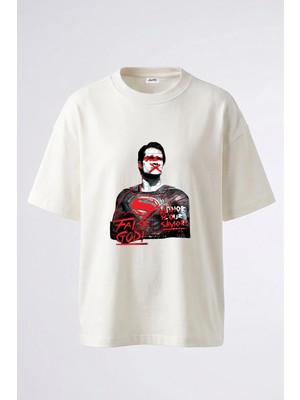 Anetos Superman False God Tasarım Sırt Baskılı Pamuk Beyaz Oversize T-Shirt