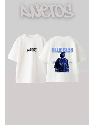 Anetos Billie Eilish Tasarım Sırt Baskılı Pamuk Beyaz Oversize T-Shirt