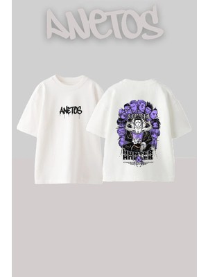 Anetos Hunter x Tasarım Sırt Baskılı Pamuk Beyaz Oversize T-Shirt