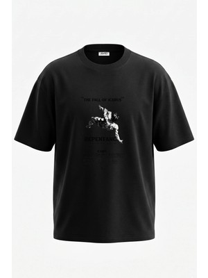Anetos Icarus Fall Tasarım Sırt Baskılı Pamuk Siyah Oversize T-Shirt