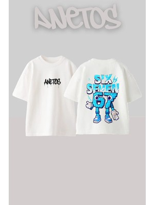 Anetos Six Seven Tasarım Sırt Baskılı Pamuk Beyaz Oversize T-Shirt