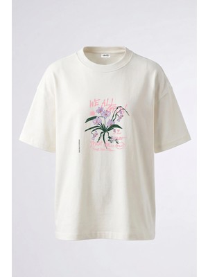 Anetos Orkide Desen Tasarım Sırt Baskılı Pamuk Beyaz Oversize T-Shirt