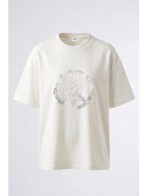 Anetos Peace Skull Tasarım Sırt Baskılı Pamuk Beyaz Oversize T-Shirt