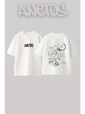 Anetos Skeleton Lifter Tasarım Sırt Baskılı Pamuk Beyaz Oversize T-Shirt